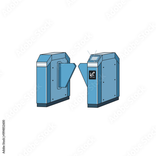 Two blue modern ticket or access kiosks facing each other