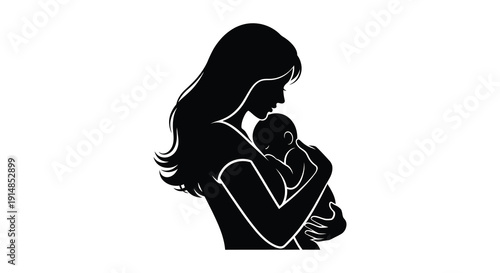 A tender moment of a mother holding her baby depicted in a striking black silhouette on transparent background high quality professional