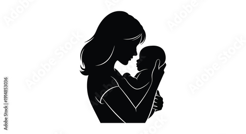 A tender moment captured in a black silhouette of a mother cradling her baby ideal for design uses on transparent background