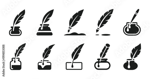 Vector of quill pens and ink bottles in various designs