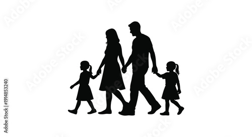 A family of five walks hand in hand depicted as a dark silhouette on transparent background high quality professional detailed modern elegant stylish