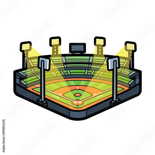 Aerial view of a vibrant baseball stadium with illuminated floodlights surrounding the playing field and spectator stands