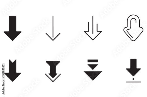 Download arrow icon set with various pointing down symbols for website interface navigation and data transfer indicator for mobile application software and digital media file storage