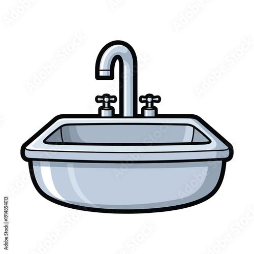 Bathroom sink with faucet and taps viewed from the front in a simple illustration style