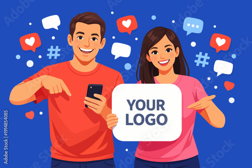 Happy Couple Promoting Brand Logo on Social Media. Man Holding Phone and Woman Presenting Blank Sign with Like, Hashtag, and Chat Icons.