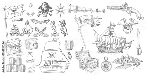 Vintage pirate elements collection set.