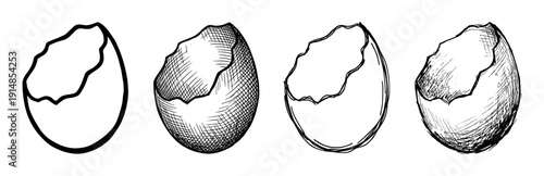 Set of four hand-drawn broken eggshells in a black and white sketch style, showing variations of simple line art and detailed cross-hatching for a graphic element