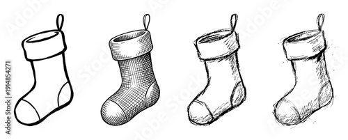 Four hand-drawn Christmas stocking illustrations in various sketch styles, showing a progression from simple line art to detailed crosshatching and expressive, artistic ink drawings