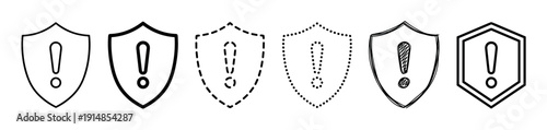 Set of black shield icons with exclamation marks in various line art styles including solid, dashed, dotted, and hand-drawn sketch for security and warning concepts