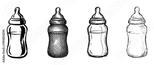 Four hand-drawn baby feeding bottles with milk, illustrated as a collection in various black and white sketch styles including cross-hatching, doodle, and simple line art