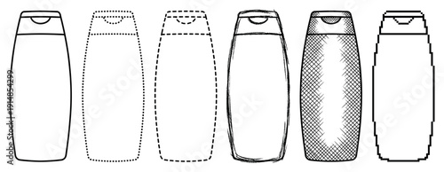 Set of six shampoo bottle illustrations showing different artistic styles including line art, dotted, dashed, sketch, cross-hatch, and pixel art in a monochrome design
