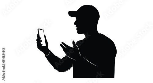 A black silhouette of a man using a smartphone with hands gesturing ideal for design projects on transparent background silhouette