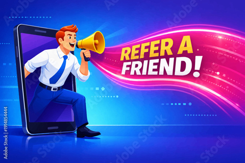 Refer A Friend Program Banner: Cartoon Businessman with Megaphone Jumps from Smartphone Screen, Mobile Digital Referral Marketing Promotion Vector Illustration