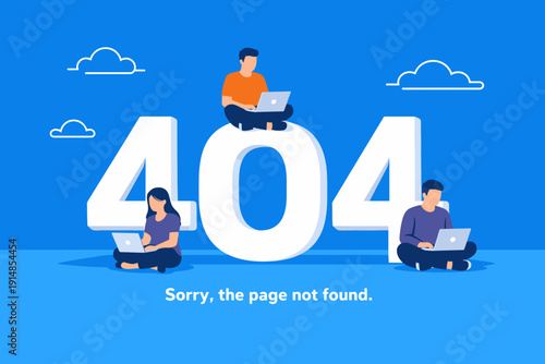 HTTP 404 Error Page Not Found Concept. Frustrated users searching on laptops. Broken link, website maintenance, digital technology problem vector illustration.