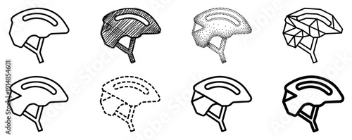 Collection of bicycle helmet icons presented in various artistic styles including line art, scribble, stippling, and low poly for cycling safety concepts