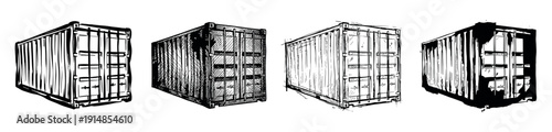 Four black and white shipping container illustrations in a hand-drawn sketch style, showcasing different artistic techniques like line art, cross-hatching, and high-contrast ink