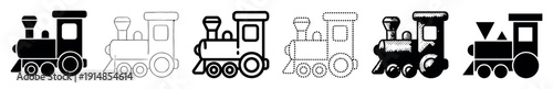 Set of six black toy train icons presented in various graphic styles including silhouette, outline, dotted trace, hatched drawing, and simple geometric shapes