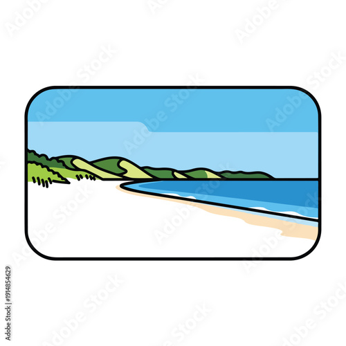 Serene beach scene with sandy shoreline, calm waters, and distant hills under a clear blue sky viewed from a high vantage point.