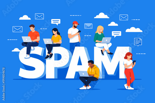 SPAM Concept: People Working on Laptops and Phones Surrounded by Unsolicited Digital Messages, Junk Email, Phishing, and Cyber Security Issues.