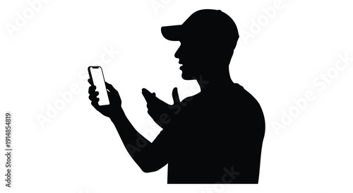 A black silhouette of a man using a smartphone gesturing with his other hand on transparent background silhouette high quality professional