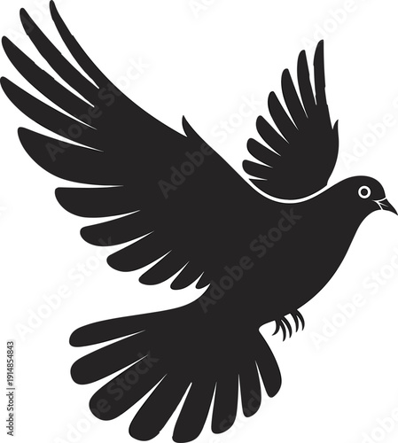 Black flying dove silhouette vector illustration isolated on white background, peace symbol bird with spread wings, minimalist graphic design for logo, tattoo, decal