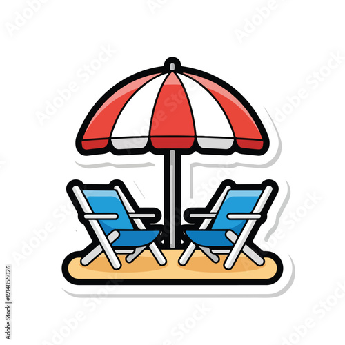 Two blue deck chairs and a red and white striped parasol on a sandy beach viewed from the front