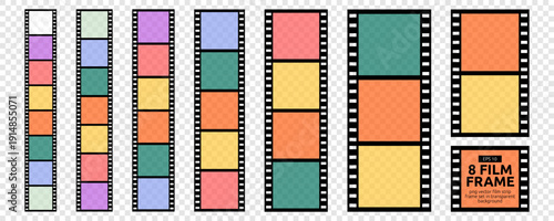 Colorful Film Strip Photo Reel Frame Kit. Cinema Movie Film Strip Border Set. Photo and Film Camera Booth Roll Clipart. Vector Illustration in Png Transparent Background