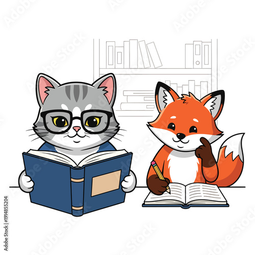 Cat and Fox Reading Together