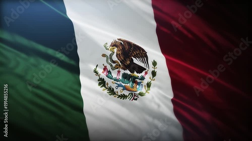Seamless loop video of the Mexican flag waving with coat of arms on fabric under natural lighting and soft material folds.