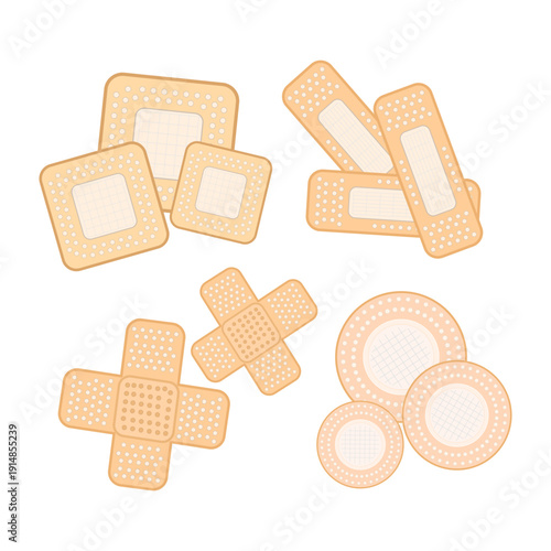 Medical adhesive bandages set. Collection of different shapes medical bandages and plasters. Various band-aid or elastoplast: square, rectangular strips, crossed knuckle bandages and round spot.Vector