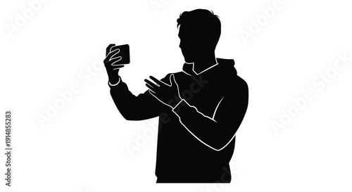 A black silhouette of a man holding a smartphone seemingly taking a photo on transparent background silhouette high quality professional detailed