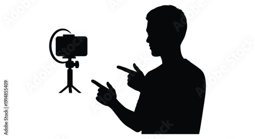 A black silhouette of a man vlogging with a smartphone and gimbal ideal for digital projects on transparent background silhouette