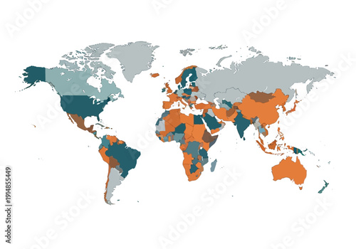 A colored world map highlighting various countries in different shades of orange and blue from a global perspective.