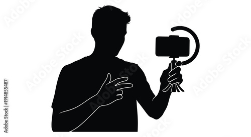A black silhouette of a man filming with a smartphone gimbal useful for digital projects on transparent background silhouette high quality
