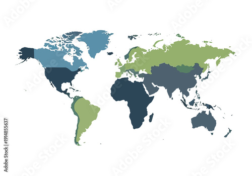 A colorful world map illustration displaying various countries in different shades of blue and green on a white background.
