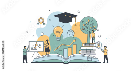 Open book with study scene and learning symbols