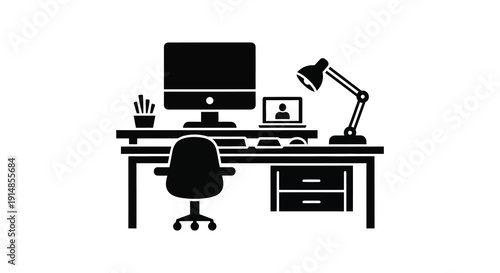 A minimalist black silhouette of a computer workstation with desk chair and lamp on transparent background high quality professional detailed modern