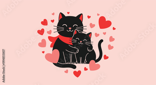 Black cats with red scarf hugging each other among hearts