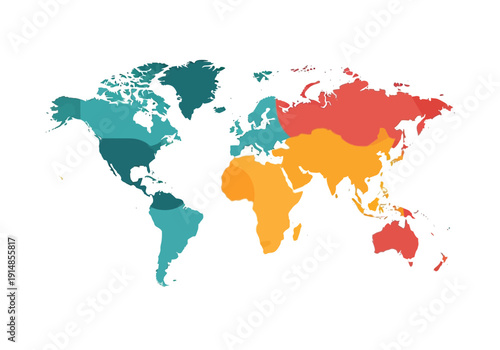 A colorful world map illustration viewed from directly above with diverse countries highlighted