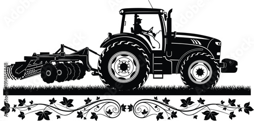 Agricultural tractor silhouette with plow machine and decorative floral border, farming vector illustration isolated on white background for rural design