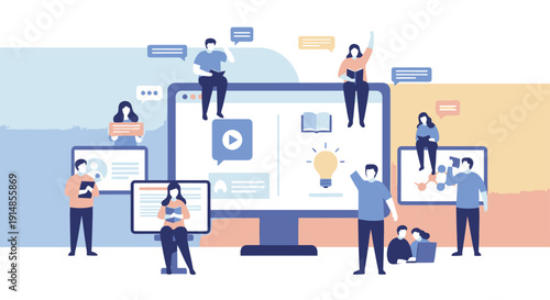 People Interacting with Large Computer Monitor in Online Learning Concept