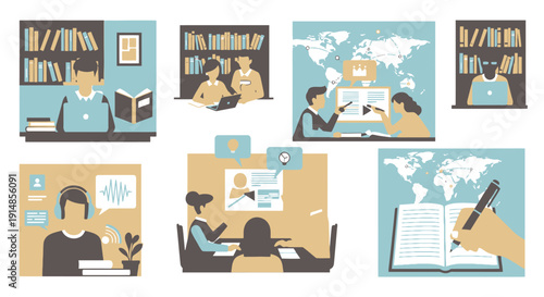 Students and professionals collaborating in study rooms and online learning