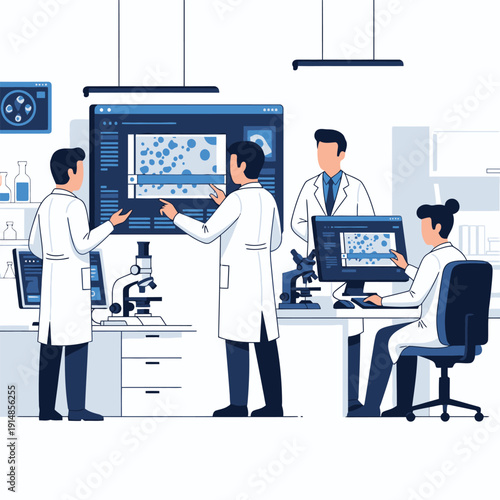 Medical researchers study samples with screens and microscope in lab