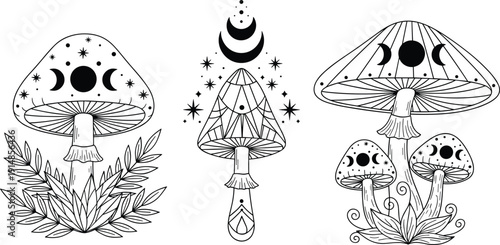 Black vector line art illustration set of mystical magic mushrooms with celestial moon phases stars and botanical leaves for occult witchcraft and esoteric branding