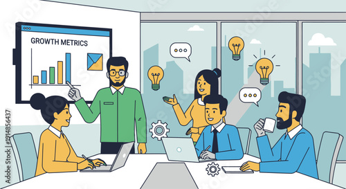 Team Meeting and Growth Metrics Presentation in Modern Office