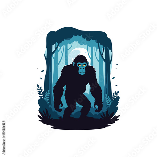 Mysterious creature emerges from the shadows of a dense forest, viewed from a low angle