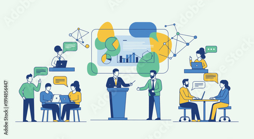 Team Business Presentation with Central Speaker and Data Visualizations