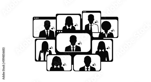 A collection of nine screen silhouettes depicting people in virtual meetings ideal for digital use on transparent background silhouette high quality