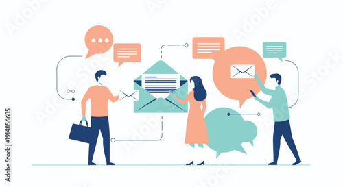 People communicating with envelopes and chat bubbles in a collaborative scene