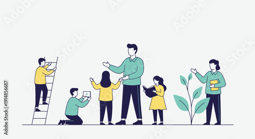 Family and volunteers planting and nurturing a garden with children and adults